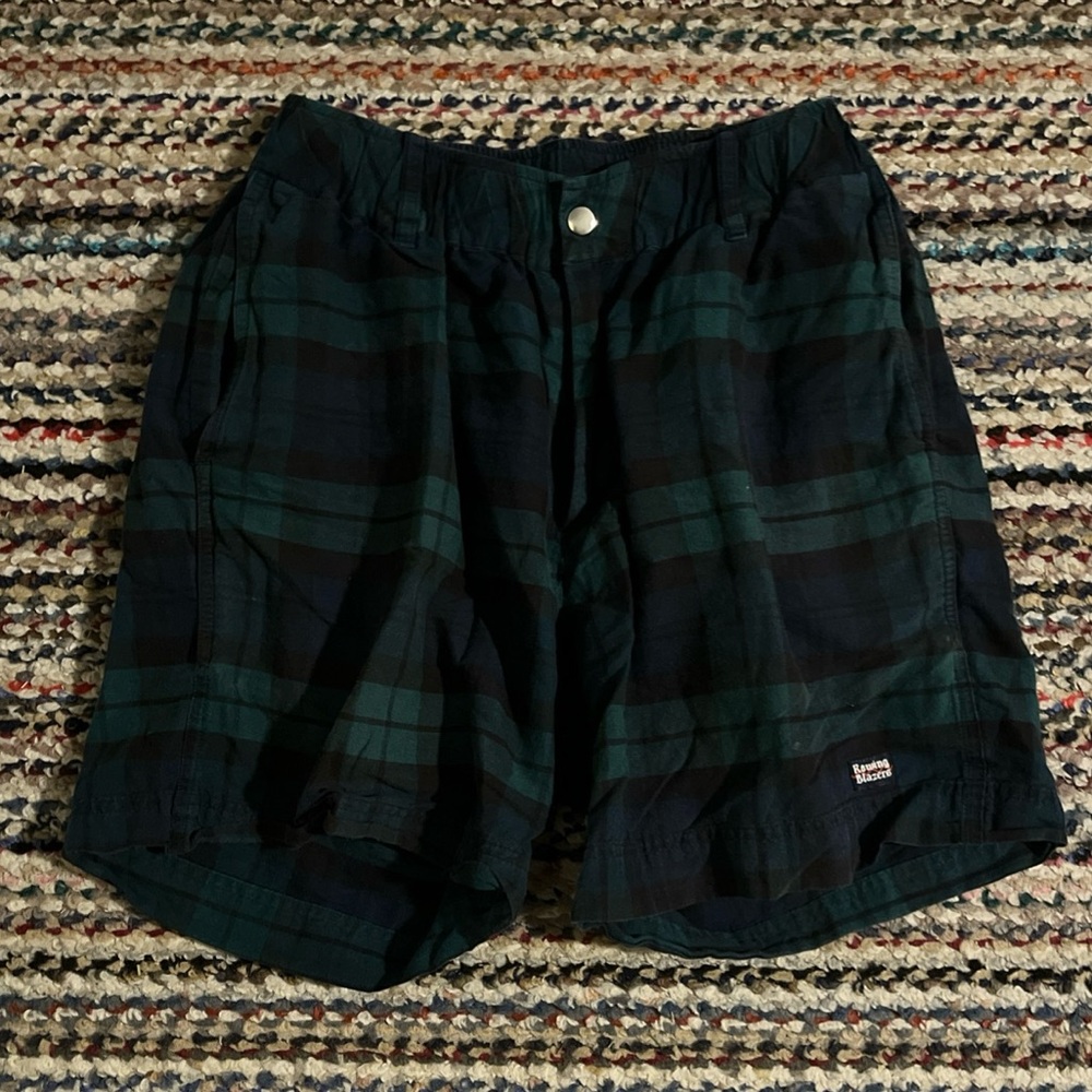 Rowing Blazers Navy Blue and Dark Green Plaid Athletic Shorts